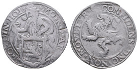 Netherlands AR Lion Taler. Holland, 1589. MO NO ARG ORDIN HOL, Knight over lion shield / CONFIDENS DNO NON MOVETVR, Rampant lion left. Delmonte 831; D...