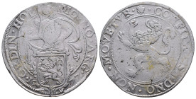 Netherlands AR Lion Taler. Holland, 1577. MO NO ARG ORDIN HOL, Knight over lion shield / CONFIDENS DNO NON MOVETVR, Rampant lion left. Delmonte 831; D...