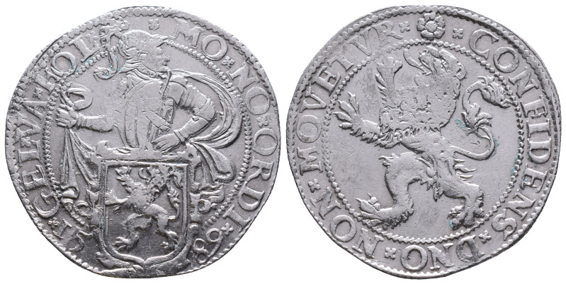 Netherlands AR Lion Taler. Holland, 1589. MO NO ARG ORDIN HOL, Knight over lion ...
