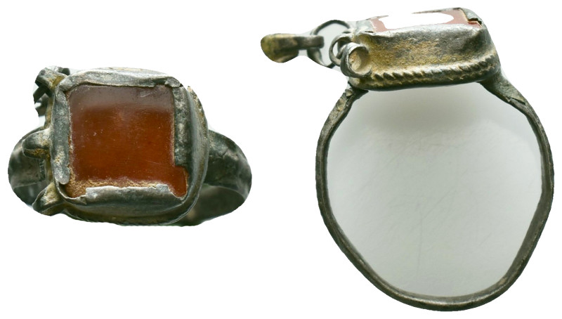 Ancient Roman Bronze Ring with a stone inlaid on bezel, circa 1st - 3rd AD. Refe...