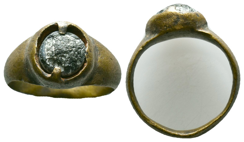 Ancient Roman Bronze Ring with a stone inlaid on bezel, circa 1st - 3rd AD. Refe...