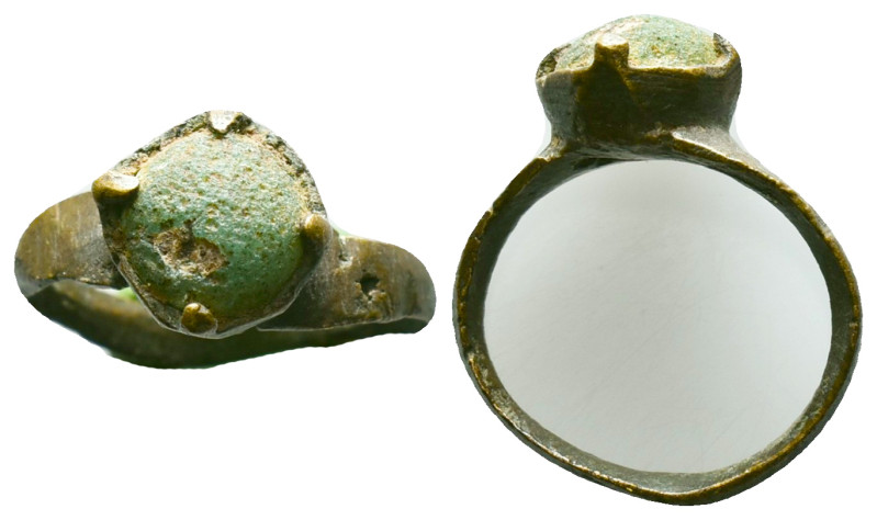 Ancient Roman Bronze Ring with a stone inlaid on bezel, circa 1st - 3rd AD. Refe...