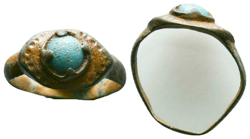 Ancient Roman Bronze Ring with a stone inlaid on bezel, circa 1st - 3rd AD. Refe...