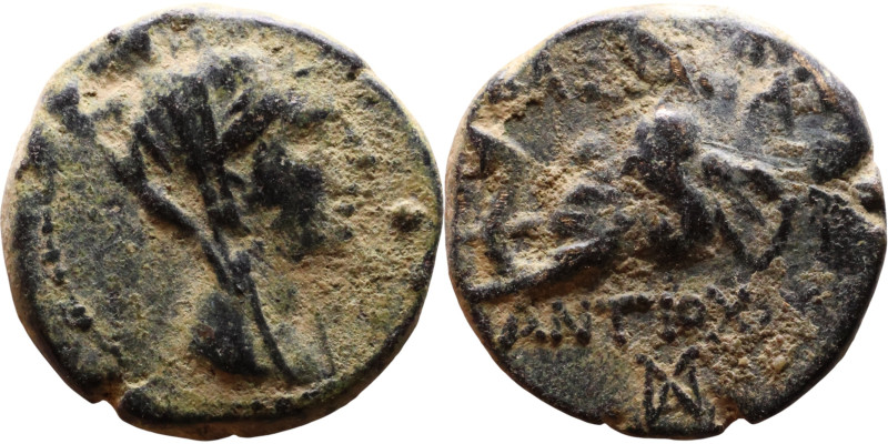 Antiochus IV Epiphanes (Seleukid King: 175-172 BC). AE bronze. Obv.: Veiled, dia...
