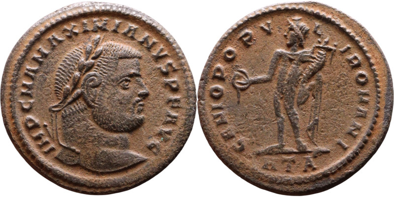 Maximianus (286-305 AD). AE follis. Obv.Laureate head right. Rev.: Genius standi...