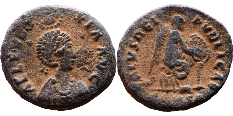 Aelia Eudoxia. (401-403 AD). Follis. Obv: AEL EVDOXIA AVG. Pearl-diademed, drape...