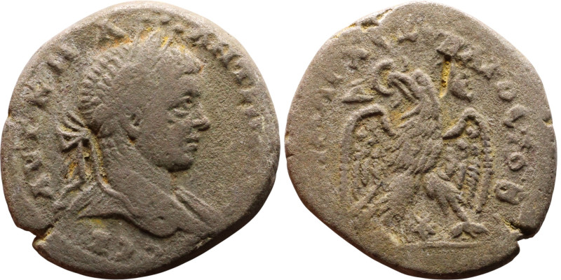 Elagabalus (218-222) Tetradrachm. Obverse: Bust of emperor. Reverse: ΔHMAPX Є-ΞO...
