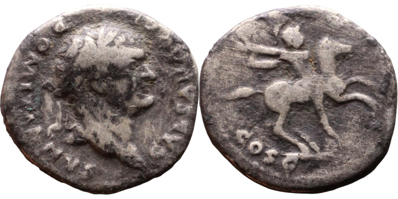 Domitian (81-96) Denarius. Obv: Bust of emperor. Rev: Man on horseback galloping...