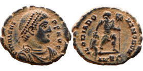 Valens (364-378) Follis . Obverse: DN VALENS PF AVG Pearl-diademed, draped, cuirassed bust right Reverse: GLORIA ROMANORVM, Emperor in military dress,...