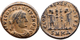 Constantius II (Caesar: 324-337) Follis. Obverse:  Laureate, draped, cuirassed bust right. Reverse: GLORIA EXERCITVS, two Soldiers standing front, hea...