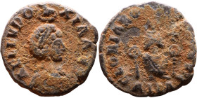 Aelia Eudoxia. (401-403 AD). Follis. Obv: AEL EVDOXIA AVG. Pearl-diademed, draped bust right with necklace. Reverse: GLORIA RO-MANORVM, Empress enthro...