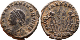 Constans (Caesar: 333-337) Follis. Obverse: Draped, cuirassed bust right. Reverse: GLORIA EXERCITVS, two Soldiers standing front, heads turned inward ...
