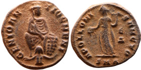 Maximinus II Daia (310-313 AD). Antioch mint. AE Follis. Obv.: GENIO ANTIOCHENI, Tyche seated facing on rock pile; river-god Orontes below. Rev.: APOL...