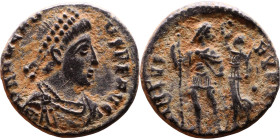 Arcadius ( 395-408) Nummus. Obverse: DN ARCADIVS P F AVG, pearl-diademed, draped and cuirassed bust right Reverse: VIRTVS EXERCITI, emperor standing f...