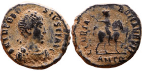 Theodosius I (379-395) Follis. Obv: DN THEODOSIVS PF AVG, Pearl-diademed, draped, cuirassed bust rightRev.: GLORIA-ROMANORVM, emperor on horseback tro...