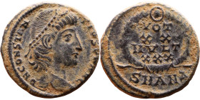 Constantius II (337-361 AD). AE follis. Obv.: DN CONSTANTIVS PF AVG, pearl diademed bust right. Rev.: VOT XX MVLT XXX in wreath