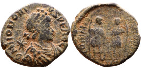 Honorius (395-423) Follis. Obv: DN HONORIVS PF AVG bust of emperor. REV:  GLORIA ROMANORVM, two emperors standing facing, each holding spear and resti...