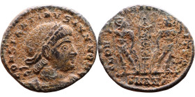 Constantius II (Caesar: 324-337) Follis. Obverse:  Laureate, draped, cuirassed bust right. Reverse: GLORIA EXERCITVS, two Soldiers standing front, hea...