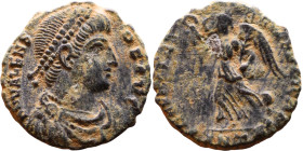 Valens (364-378) Follis . Obverse: DN VALENS PF AVG Pearl-diademed, draped, cuirassed bust right Reverse: SALVS REIPVBLICAE Victory walking left