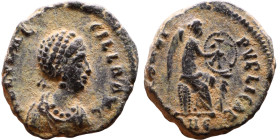 Aelia Flaccilla (379-386) Follis Obverse: AEL FLAC-CILLA AVG, diademed and draped bust Reverse: SALVS REI-PVBLICAE, Victory seated right on cuirass, p...
