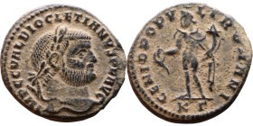Diocletian (285-305 AD). AE follis. Obv.Laureate head right. Rev.: Genius standing left pouring libations from patera, holds cornucopia