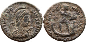 Theodosius I (379-395) Follis. Obv: DN THEODOSIVS PF AVG, Diademed, helmeted, draped, and cuirassed bust right, holding spear and shield. Rev.: GLORIA...