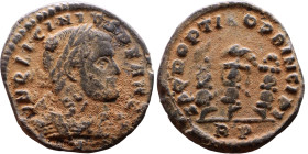 Licinius I (308-324) Follis Obv:laureate, draped and cuirassed bust right.Rev: SPQR OPTIMO PRINCIPI, three standards surmounted by a hand, an eagle an...