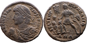 Constantius II (337-361) follis. Obv.: D N CONSTAN-TIVS P F AVG pearl diademed, draped, cuirassed bust left, holding globe Rev.: FEL TEMP REPARATIO em...