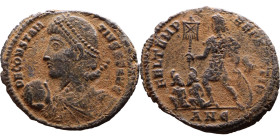 Constantius II (337-361) follis. Obv.: D N CONSTAN-TIVS P F AVG pearl diademed, draped, cuirassed bust left, holding globe Rev.: FEL TEMP REPARATIO em...