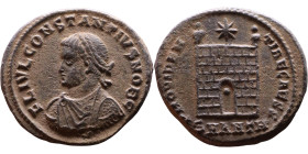 Constantius II (Caesar: 324-337) Follis. Obverse:  Laureate, draped, cuirassed bust  Reverse: Campgate