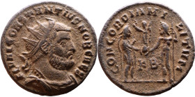 Constantius I (293-306) Antoninianus. Obv: Radiate cuirassed bust of emperor right Rev: CONCORDIA MILITVM. Jupiter standing left presents Victory on a...