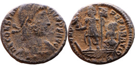 Constans (337-361) Follis. Obv: DN CONSTANS PF AVG; bust of Constants pearl-diademed, draped, cuirassed, right. Rev.: FEL TEMP REPARATIO Emperor, in m...