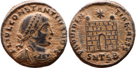 Constantius II (Caesar: 324-337) Follis. Obverse:  Laureate, draped, cuirassed bust  Reverse: Campgate