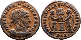 Constantinus I (306-337) Follis. Obverse: IMP CONSTAN-TINVS AVG, high crested helmet, cuirassed bust Reverse: VICTORIAE LAETAE PRINC PERP, two Victori...