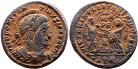 Constantinus I (306-337) Follis. Obverse: IMP CONSTAN-TINVS AVG, high crested helmet, cuirassed bust Reverse: VICTORIAE LAETAE PRINC PERP, two Victori...