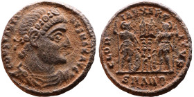 Constantinus I (306-337) Follis. Obverse: CONSTANTI-NVS MAX AVG, diademed, draped, cuirassed bust right. Reverse: GLORIA EXERCITVS, two Soldiers stand...