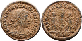 Constantius II (337-361) Follis. Obverse: Draped, cuirassed bust right. Reverse: GLORIA EXERCITVS, two Soldiers standing front, heads turned inward at...
