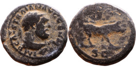 Trajan (98-117) quadrans Obv:e. IMP CAES TRAIAN AVG GERM, diademed bust of Hercules right with lionskin knotted around neck Rev: Boar walking right, S...