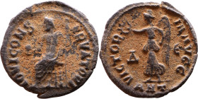 Maximinus II. Folis Antioch. IOVI CONSERVATORI, Jupiter seated left, holding globe and sceptre / VICTORIA AVGG, Victory walking left, holding wreath a...