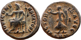 Maximinus II. Folis Antioch. IOVI CONSERVATORI, Jupiter seated left, holding globe and sceptre / VICTORIA AVGG, Victory walking left, holding wreath a...