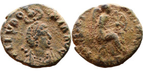 Aelia Eudoxia. (401-403 AD). Follis. Obv: AEL EVDOXIA AVG. Pearl-diademed, draped bust right with necklace. Rev: SALVS REI-PVBLICAE, Victory seated ri...