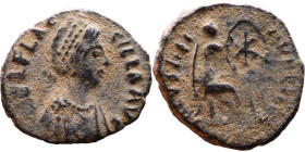 Aelia Flaccilla (379-386) Follis Obverse: AEL FLAC-CILLA AVG, diademed and draped bust Reverse: SALVS REI-PVBLICAE, Victory seated right on cuirass, p...