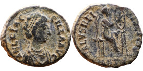 Aelia Flaccilla (379-386) Follis Obverse: AEL FLAC-CILLA AVG, diademed and draped bust Reverse: SALVS REI-PVBLICAE, Victory seated right on cuirass, p...