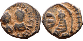 Justin I and Justinian (527), Pentanummium. Antioch. Obverse: Two bust of emperors. Reverse: Tyche, Large E