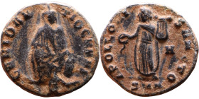 Maximinus II Daia (310-313 AD). Antioch mint. AE Follis. Obv.: GENIO ANTIOCHENI, Tyche seated facing on rock pile; river-god Orontes below. Rev.: APOL...