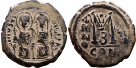 Justin II and Sophia (565-578) Follis Obverse: DN IVSTINVS PP AVG Justin and Sophia on thrones Reverse: Large M between ANNO and regnal year, above cr...