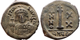Justinian I (527-565) Decanummium. Obverse: DN IVSTINIANVS PP AVG, Armoured facing bust holding globus Reverse: Large I between ANNO and regnal year