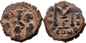 Justinian I (527-565) Decanummium. Obverse: DN IVSTINIANVS PP AVG, Armoured facing bust holding globus Reverse: Large I between ANNO and regnal year