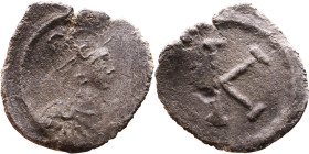 Justinian I (527-565) Half Siliqua. Obv: Obverse: No legend. Helmeted and draped bust of Constantinopolis facing right.
Reverse: Large K