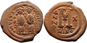 Justin II and Sophia (565-578) Follis Obverse: DN IVSTINVS PP AVG Justin and Sophia on thrones Reverse: Large M between ANNO and regnal year, above cr...